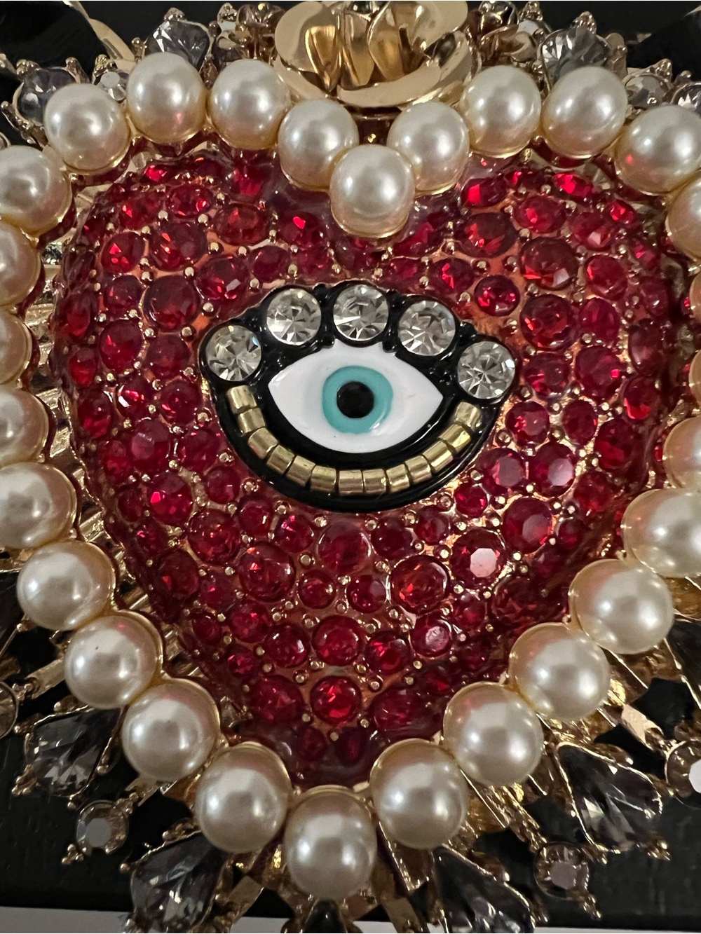 Betsey Johnson Red Crystal Evil Eye Heart Statement Necklace with Pearl Trim - Picture 8 of 16